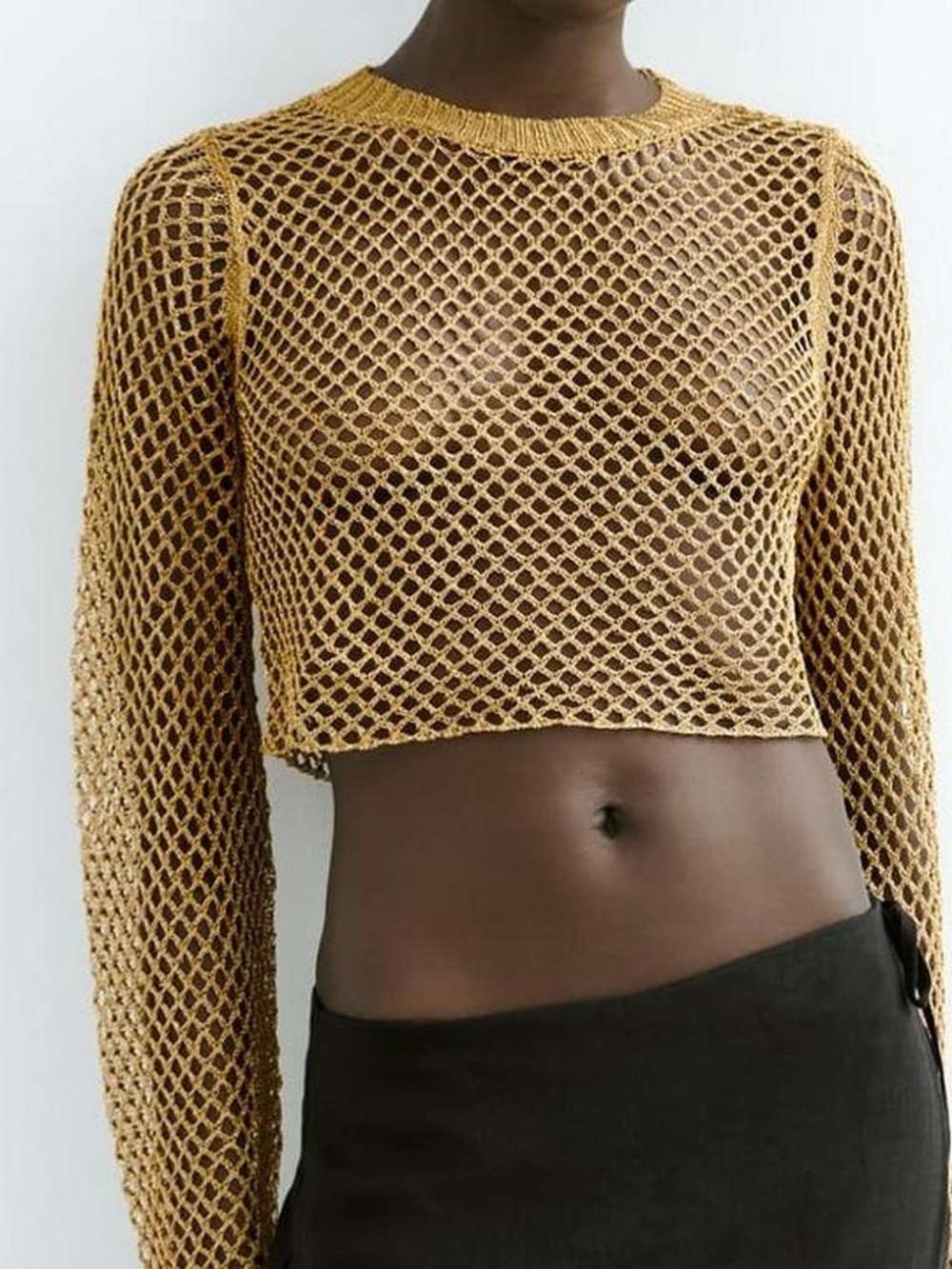 Zara Gold Metallic Crochet Fishnet Crop Sweater Bell Sleeve Cover Up M